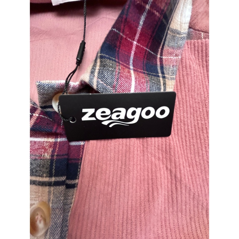 Zeagoo Womens XXL Pink Corduroy Plaid Colorblock Button Down Shirt Shacket NWT - Picture 3 of 11